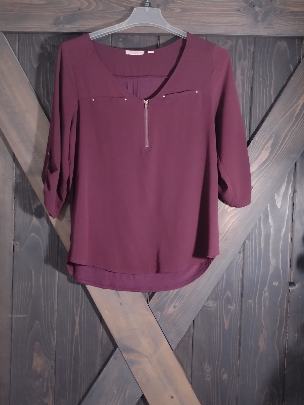 Womens Burgundy Zip-Front Blouse